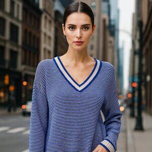 Tristan Blue and White Striped V-Neck Sweater